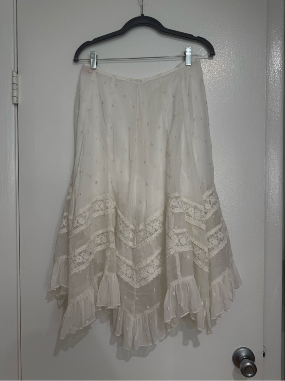 Anthropologie Off White Lace Maxi Ruffled Skirt with Polka Dot and Lace Details